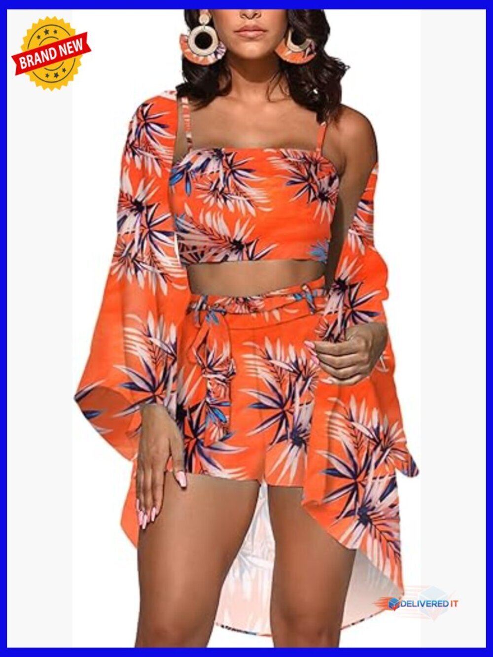Summer 3 Piece Vocation Outfit Floral Kimono Cardigan Crop Top Short Set